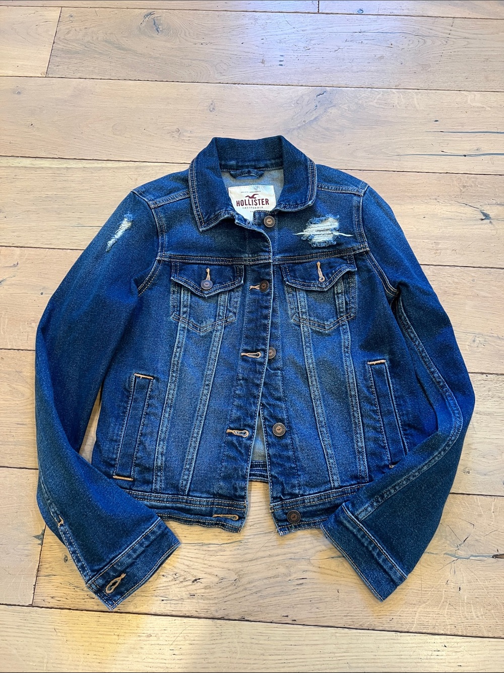 Hollister Women's Dark Blue Distressed Denim Jacket